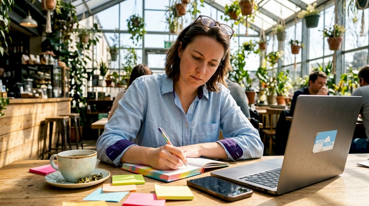Marketer brainstorming storytelling ideas at desk