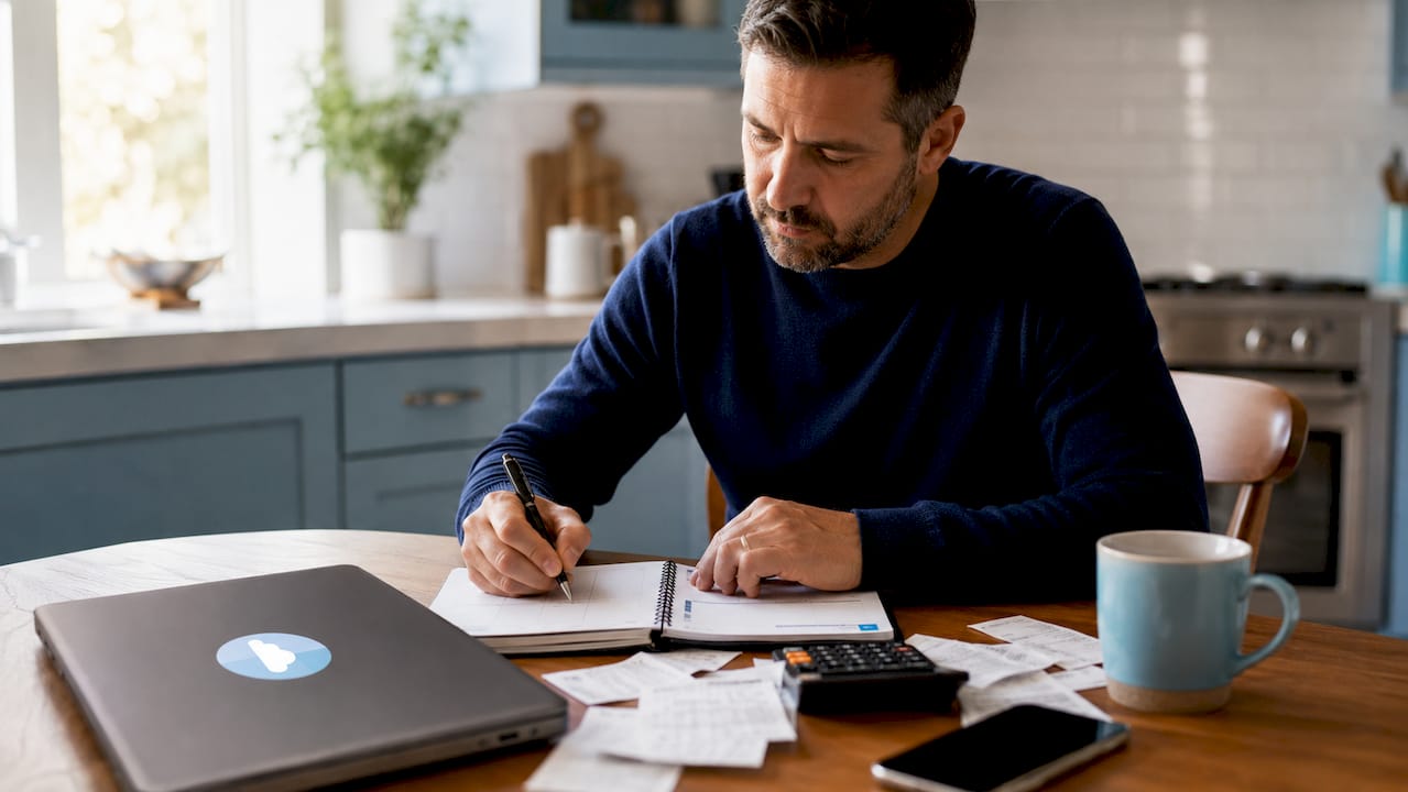 Hands budgeting for Facebook ads with calculator