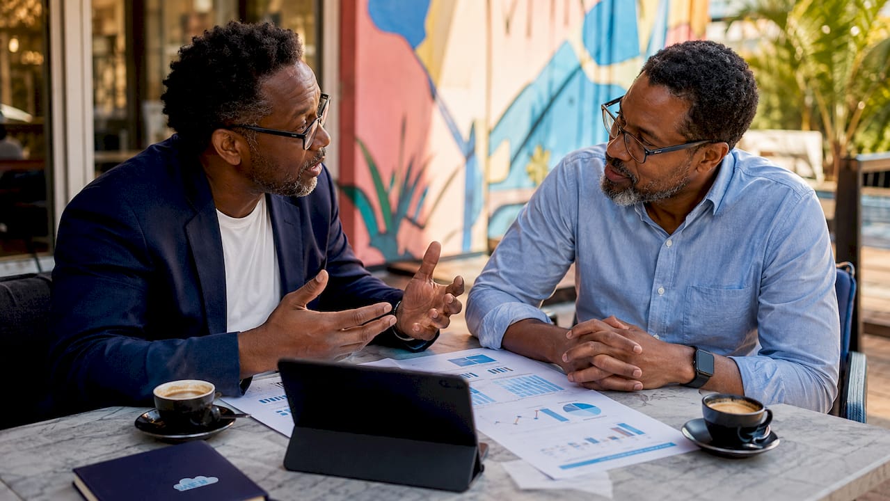 Two entrepreneurs discussing business model types