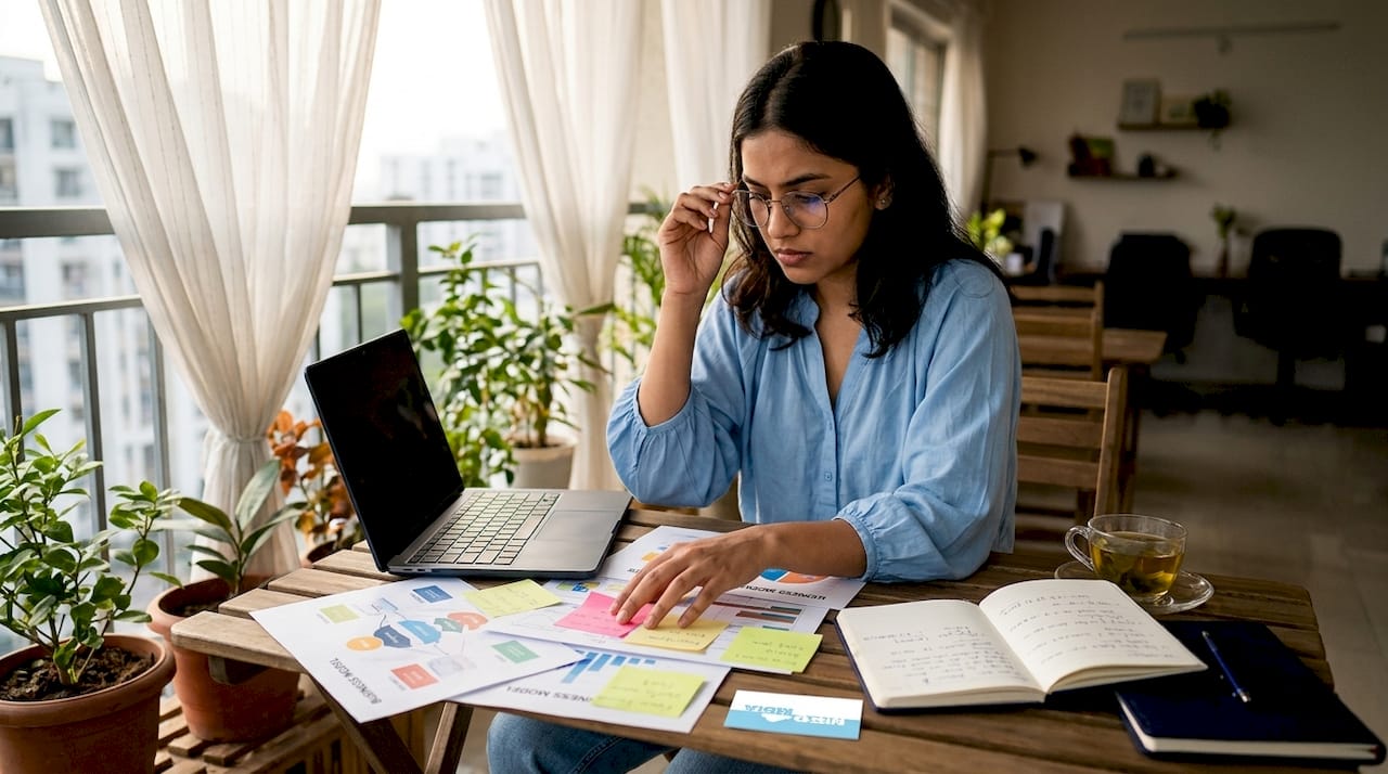 Entrepreneur reviewing business model diagrams