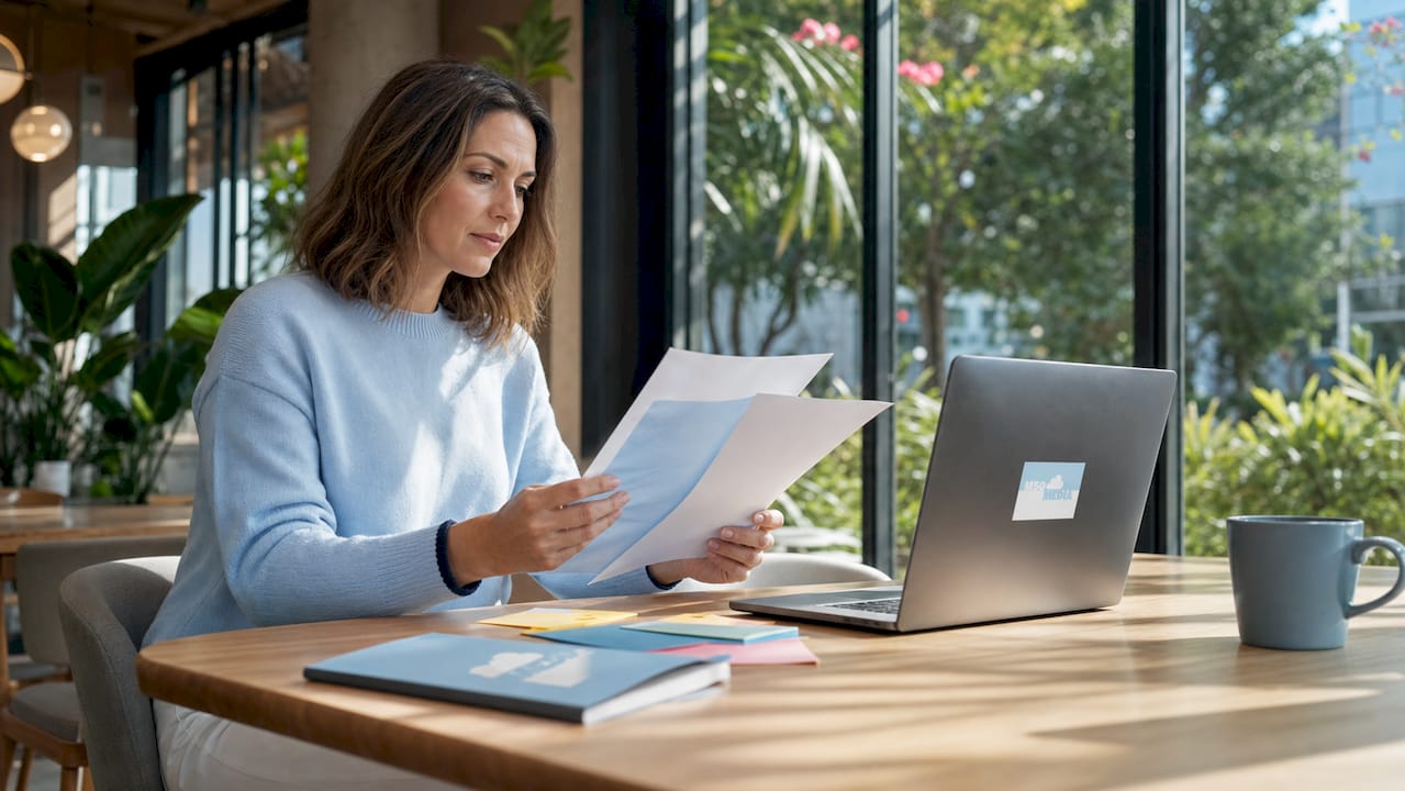 Marketer planning hashtag campaign at home table