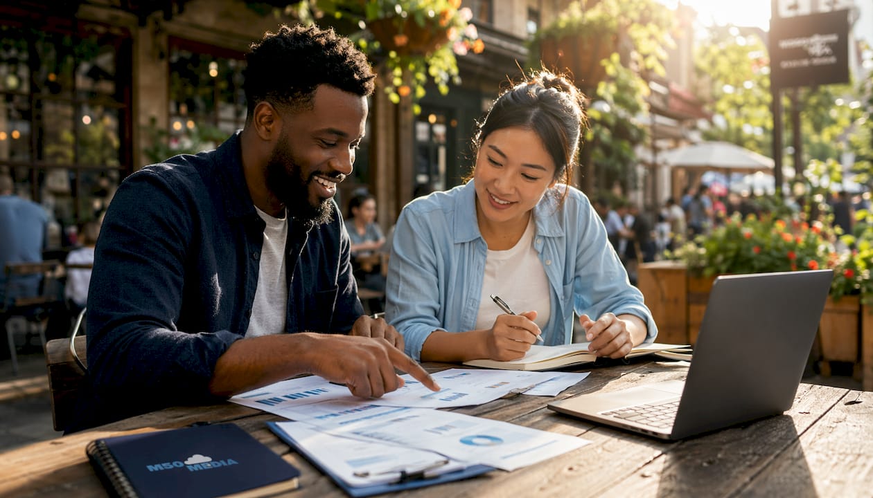 Couple reviewing social media reports at co-working space