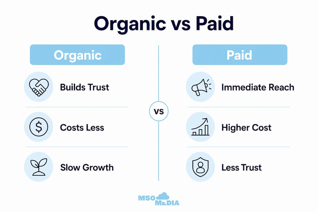 Infographic comparing organic and paid social media