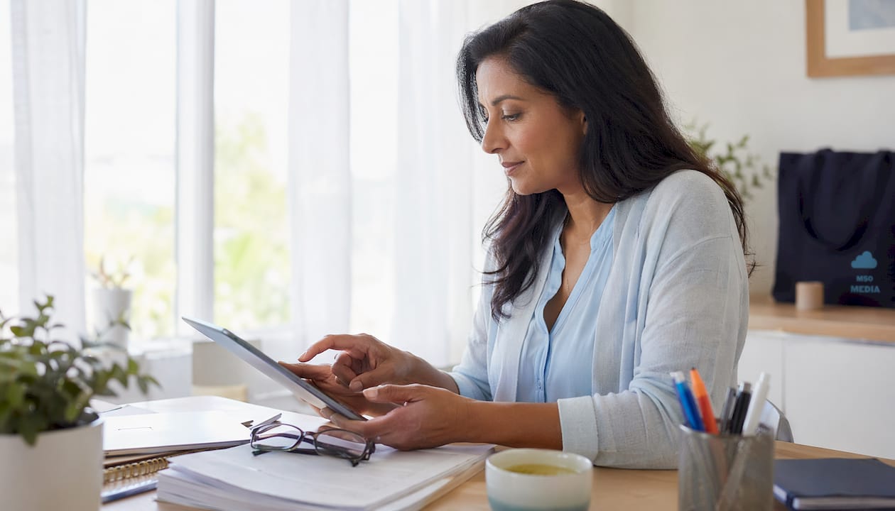 Small business owner managing online reputation on tablet