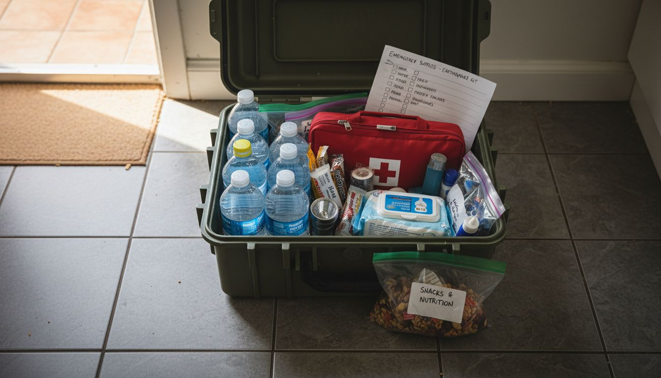 Earthquake kit essentials organized in container