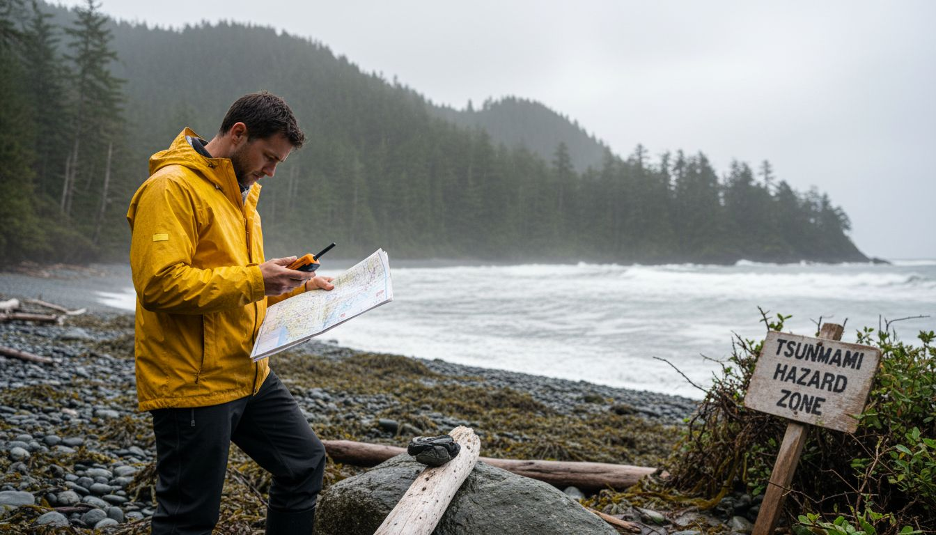 Geologist assessing Cascadia Fault coastal risks