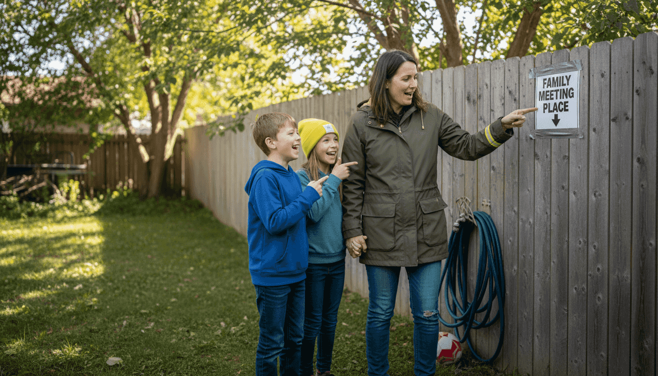 Family practicing earthquake meeting drill