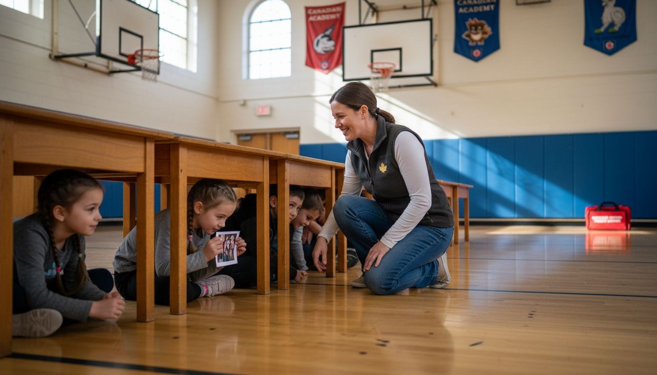 Children doing earthquake drill under school desks