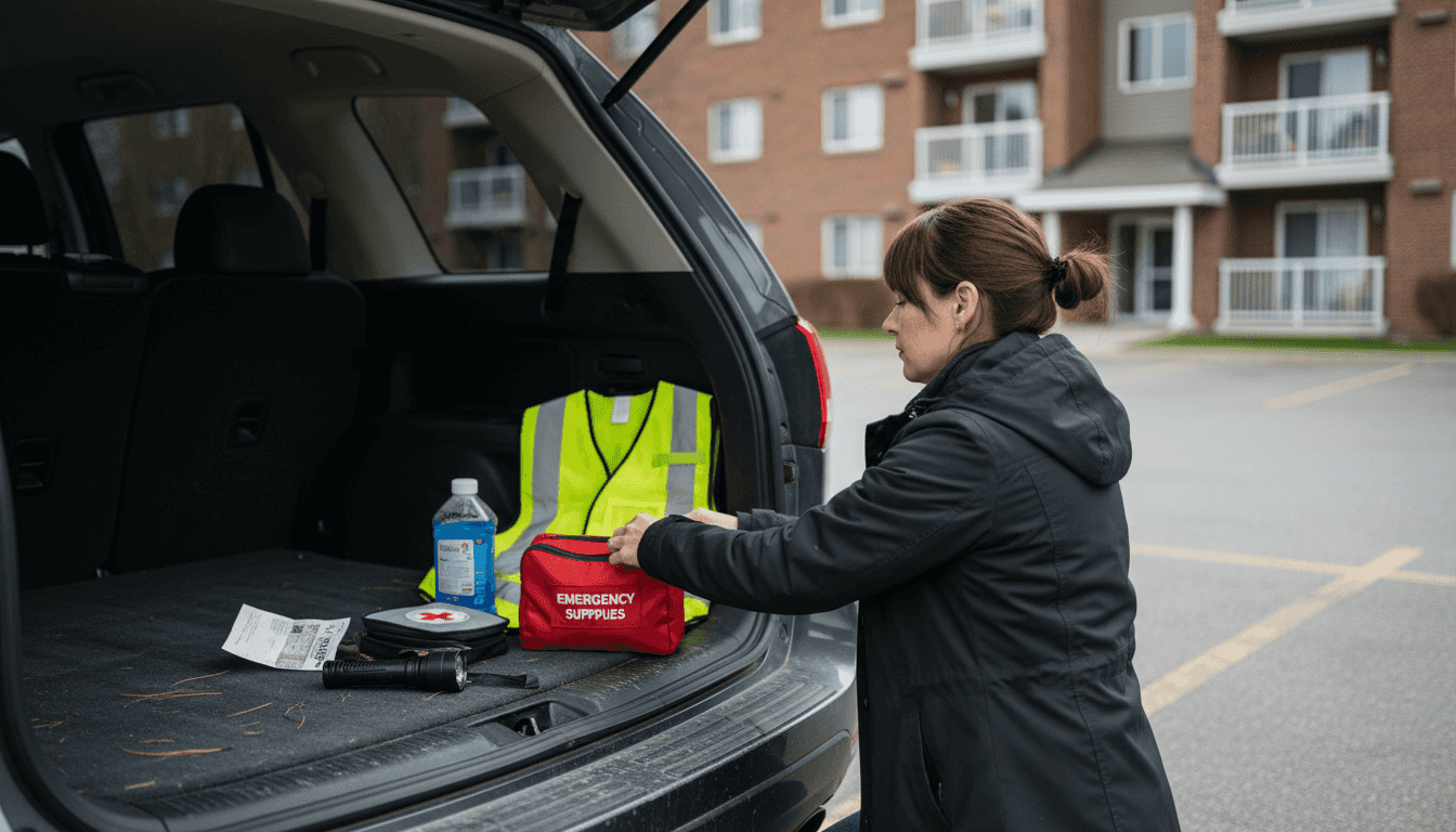 Woman organizing vehicle emergency kit in car trunk