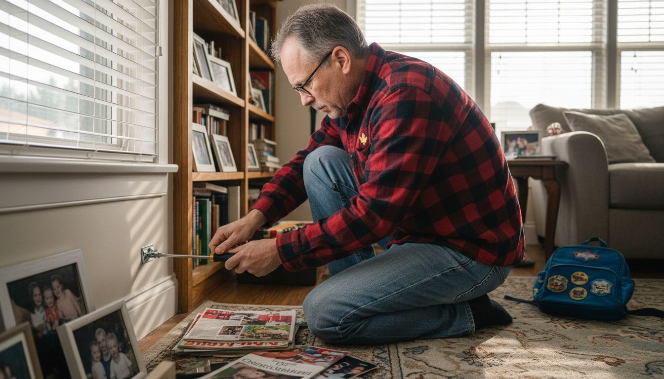 Man securing bookshelf for earthquake safety