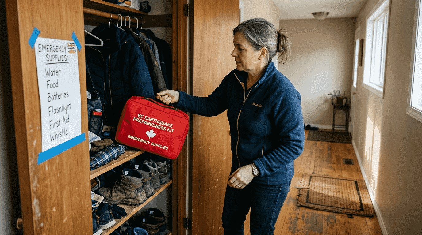 Woman storing earthquake kit in hallway closet