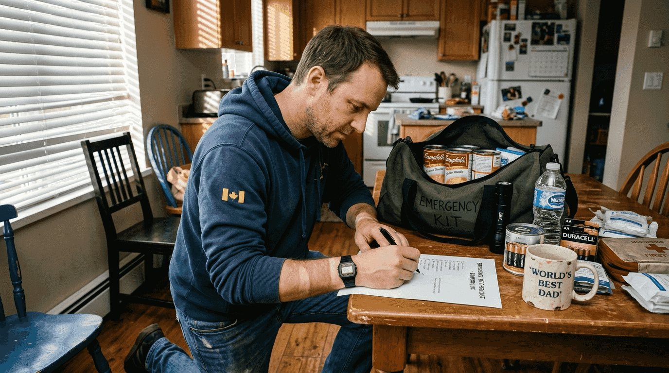 Dad assembling earthquake emergency kit at home