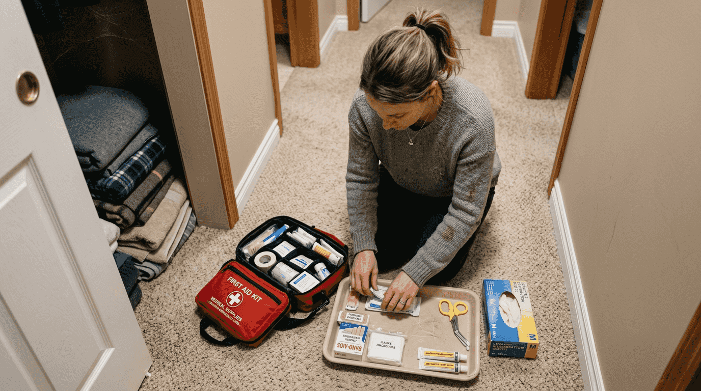 Woman organizing earthquake first aid kit at home