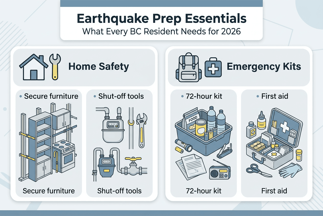 Infographic showing earthquake prep essentials for BC