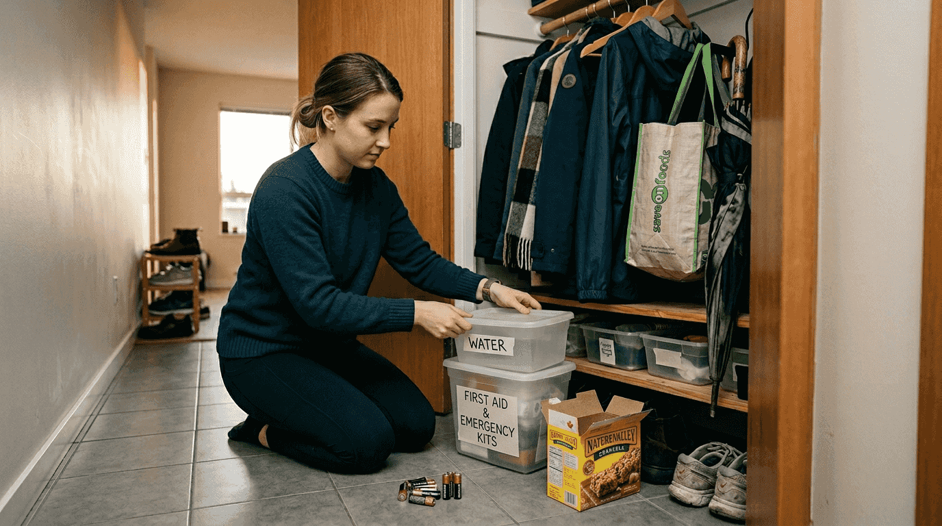 Woman organizing labeled emergency kit containers