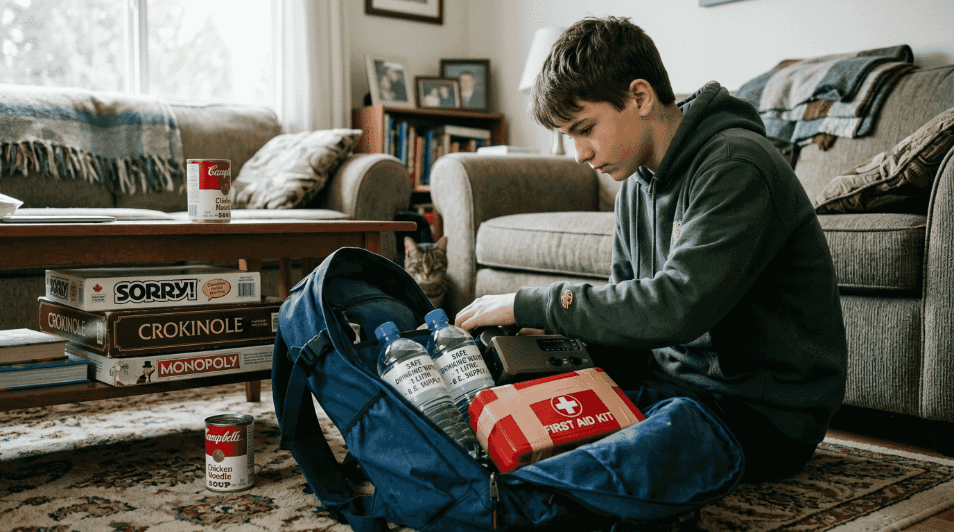 Teenager checks family earthquake supply kit