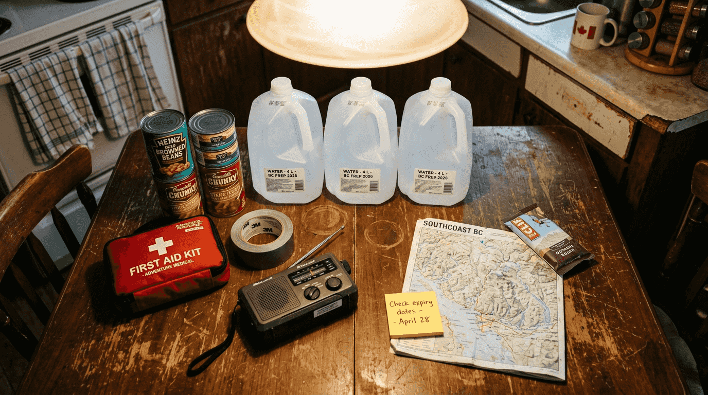 Earthquake kit essentials laid out on kitchen table