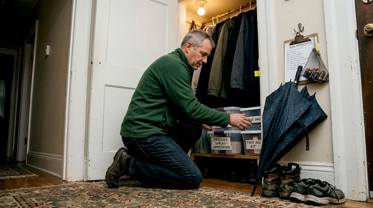 Man storing earthquake kit bins in hallway closet