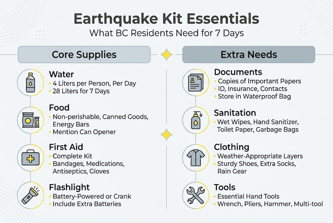 Infographic with core supplies and extra needs for BC earthquake kit