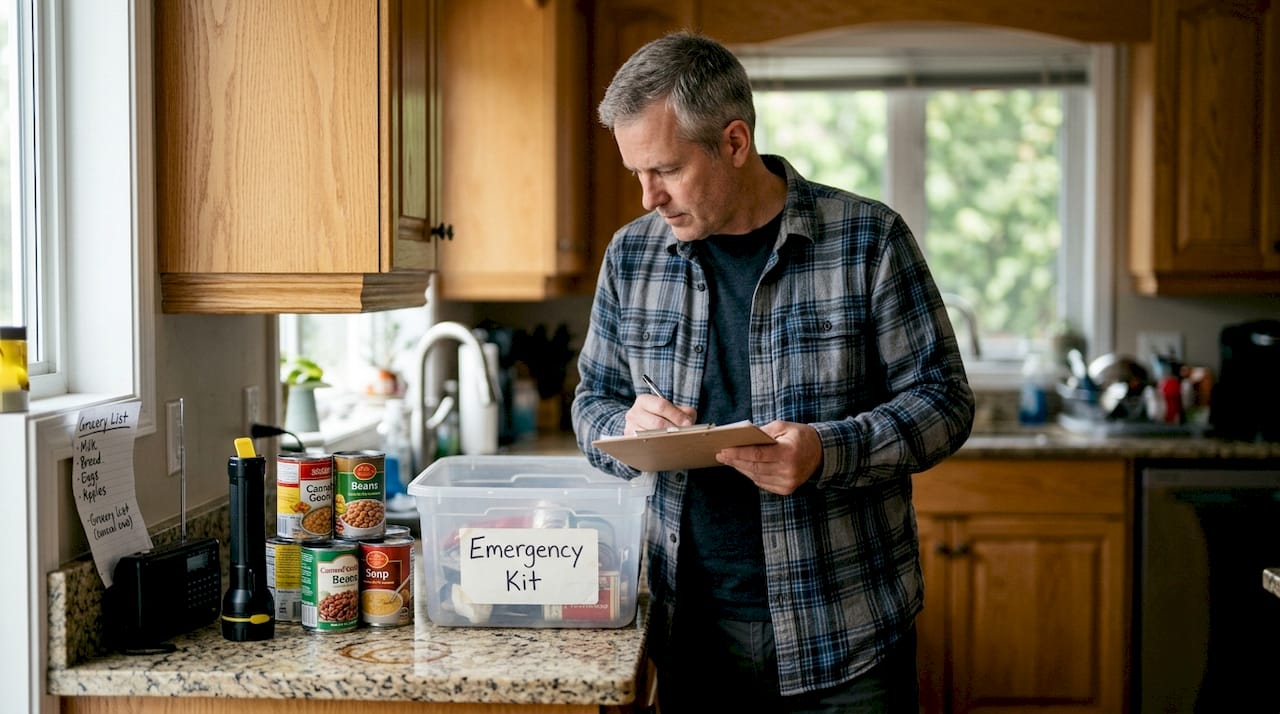 Man checking family earthquake kit supplies