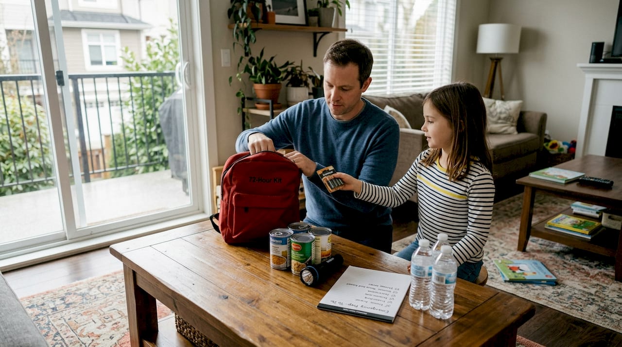 Family assembling earthquake emergency kit in living room