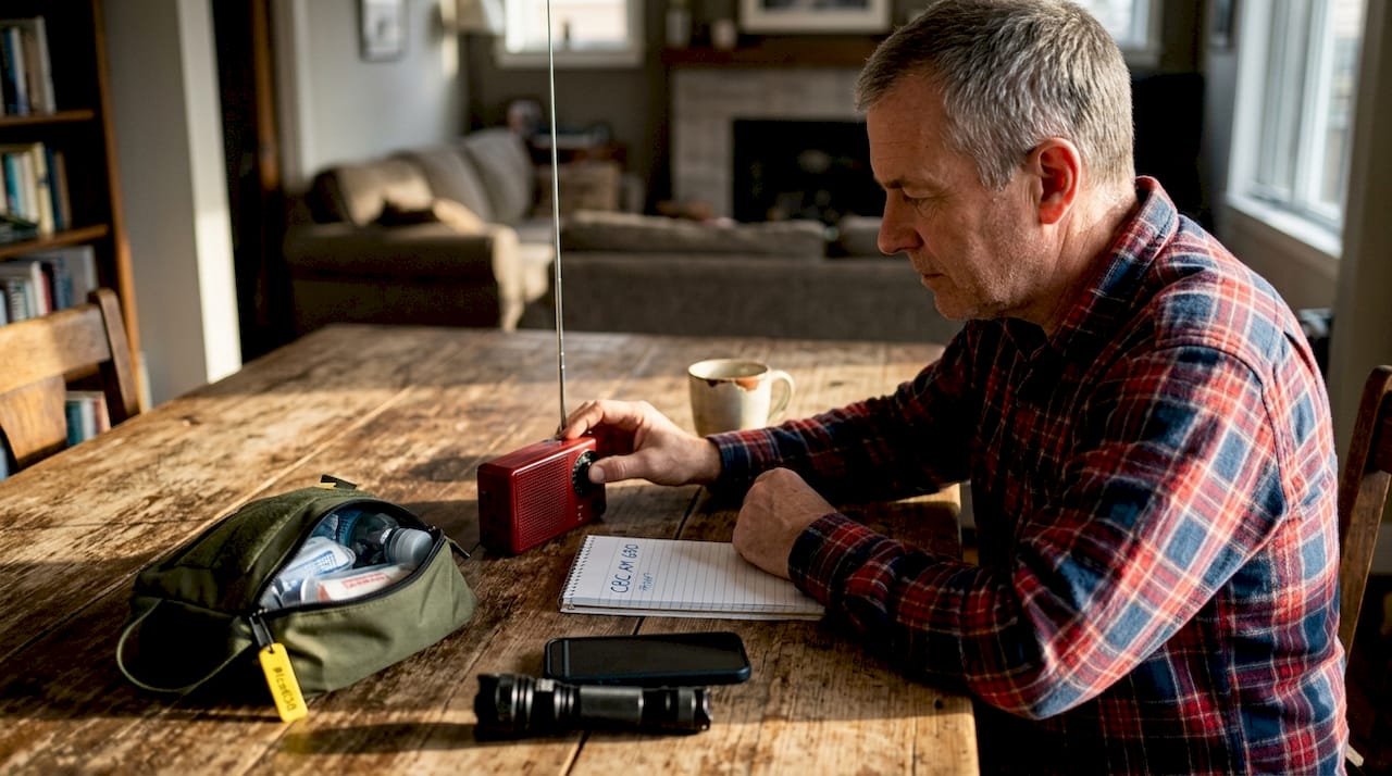 Man tunes disaster radio with emergency kit supplies