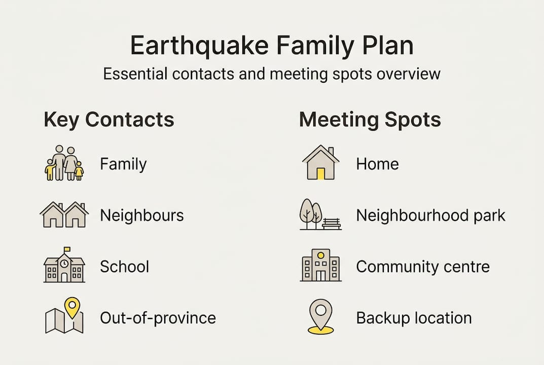 Infographic showing earthquake plan contact and meeting spots