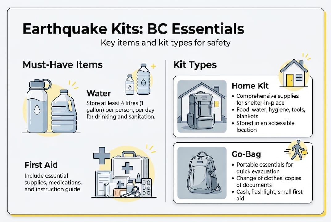 Infographic of earthquake kit essentials and types