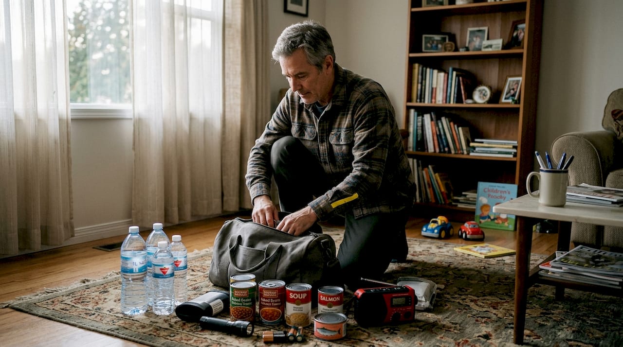 Packing earthquake supplies in living room
