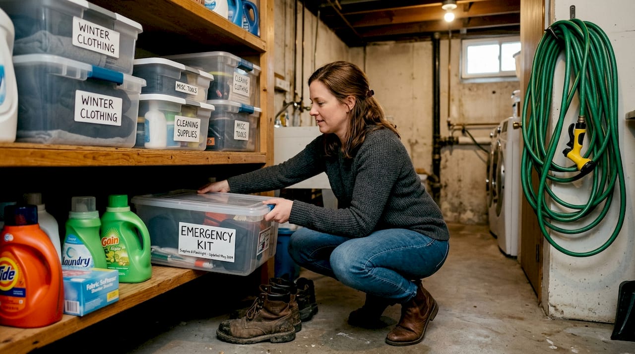 Woman storing labeled earthquake kits in basement