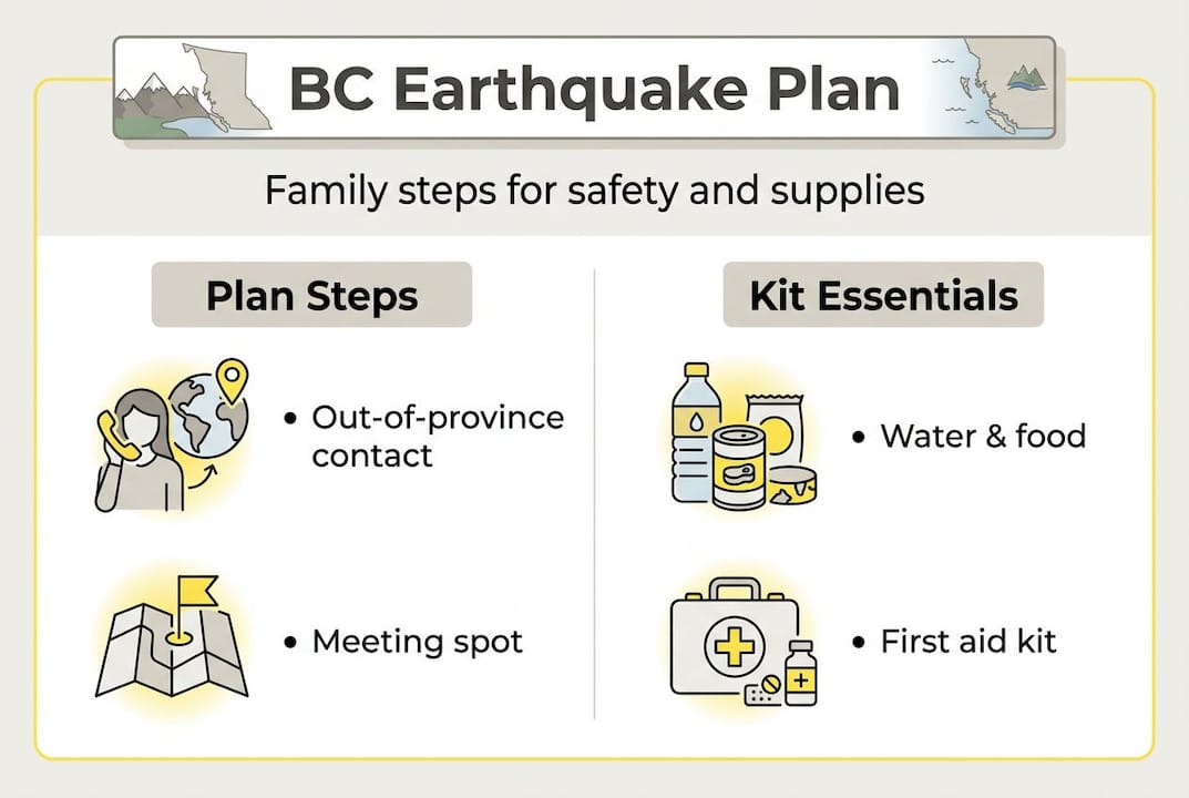 Infographic with earthquake family planning steps and kit essentials