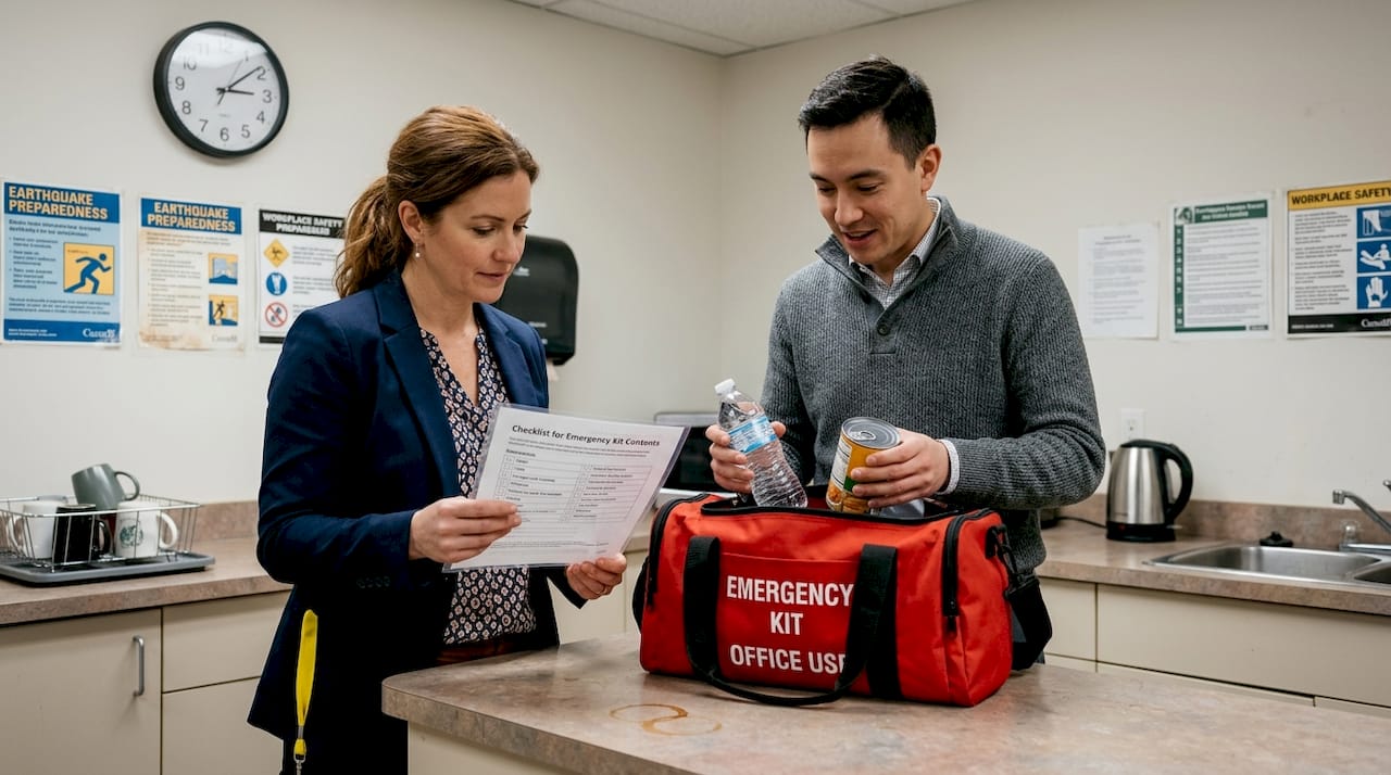 Staff review shared office emergency kit