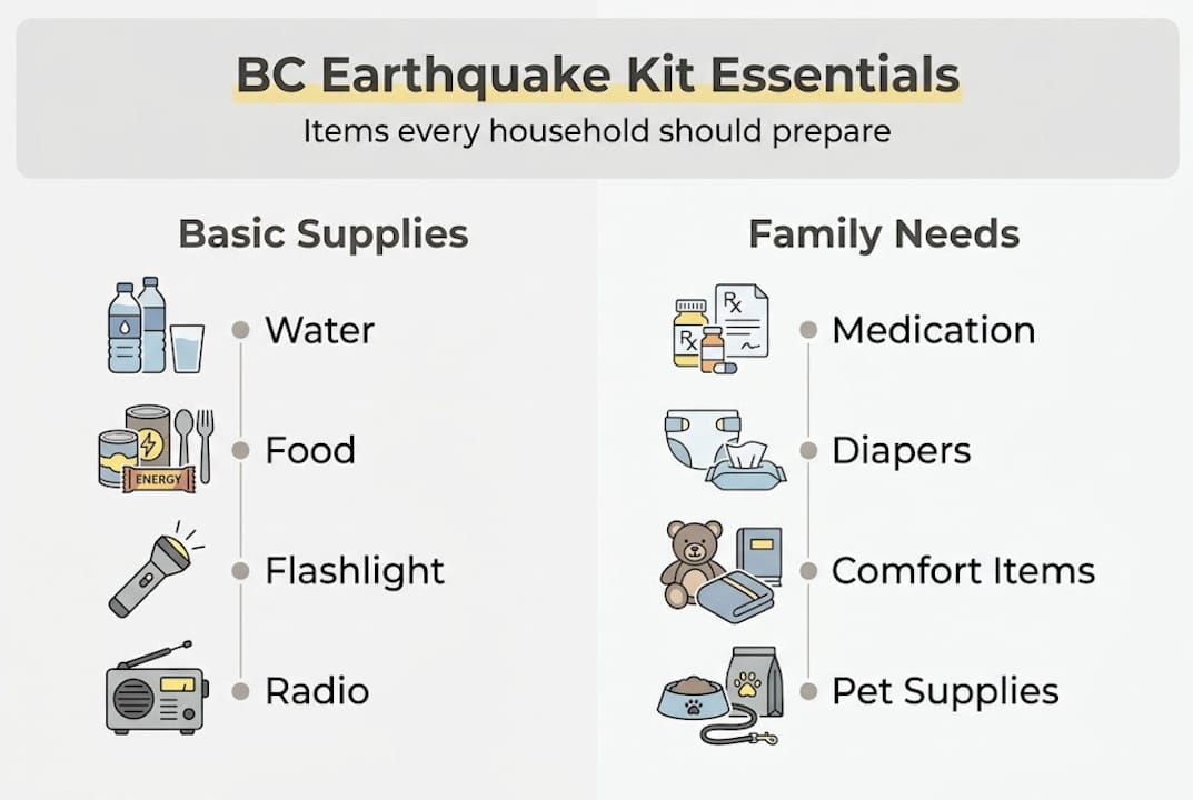Infographic showing BC earthquake kit essentials