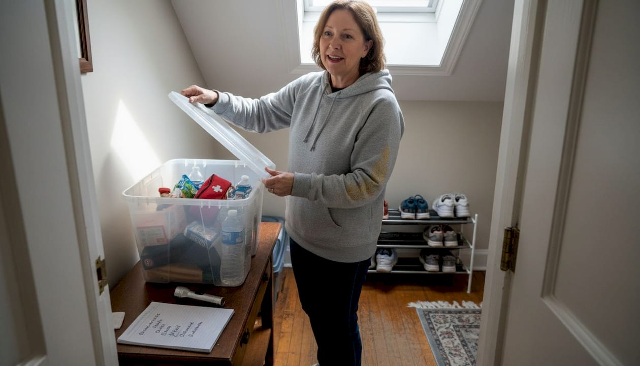 Woman checks earthquake emergency kit supplies