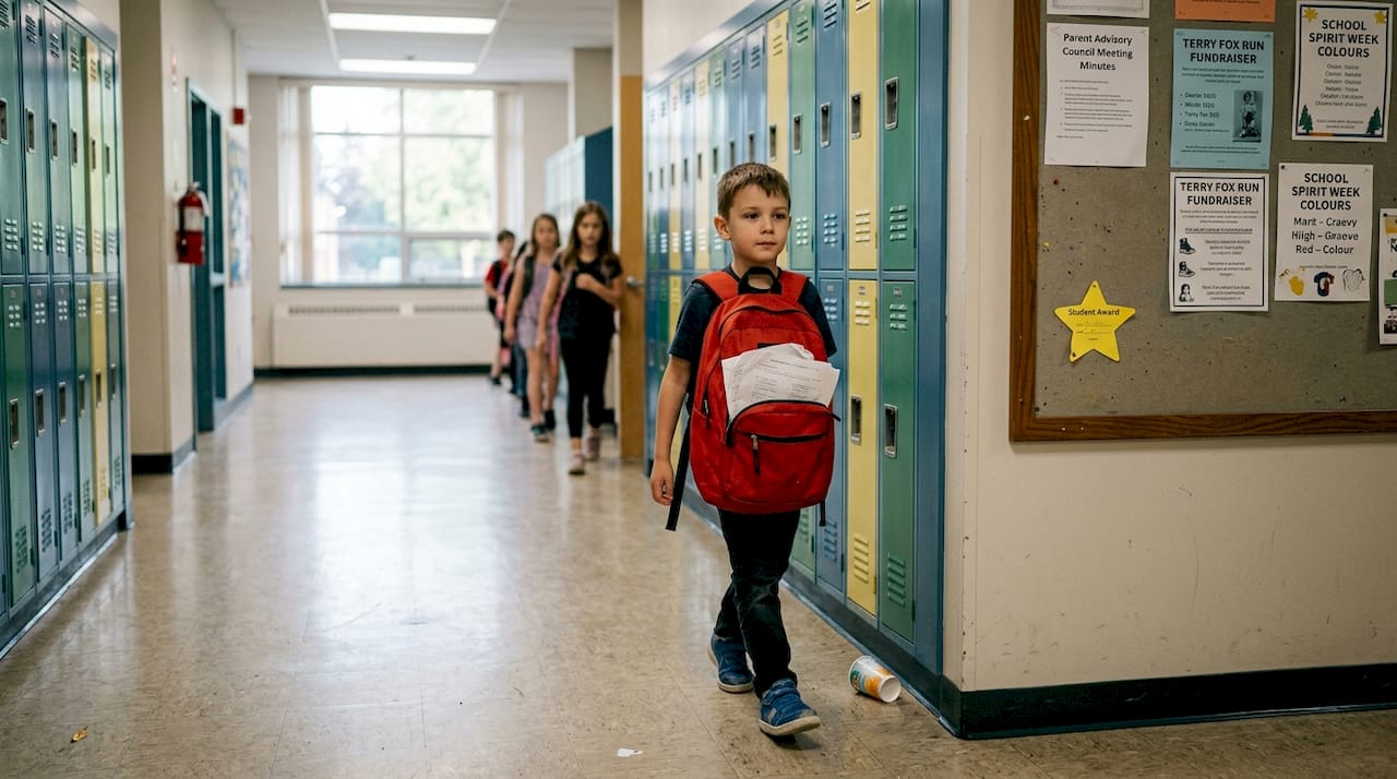 Child following emergency drill in school hallway