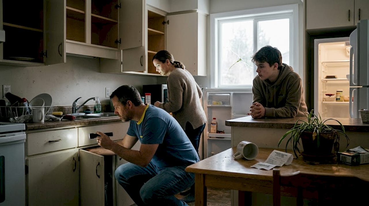 Family searching empty kitchen for supplies
