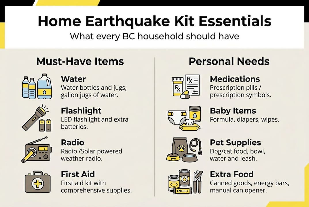 Infographic listing home earthquake kit essentials