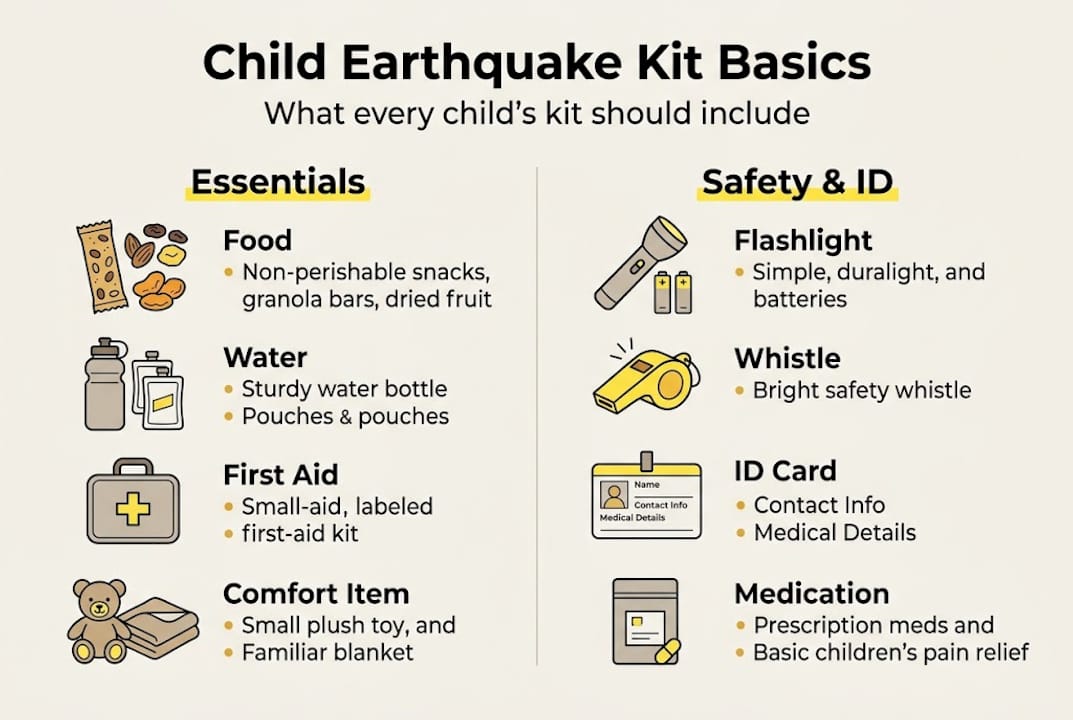 Infographic overview of child earthquake kit essentials