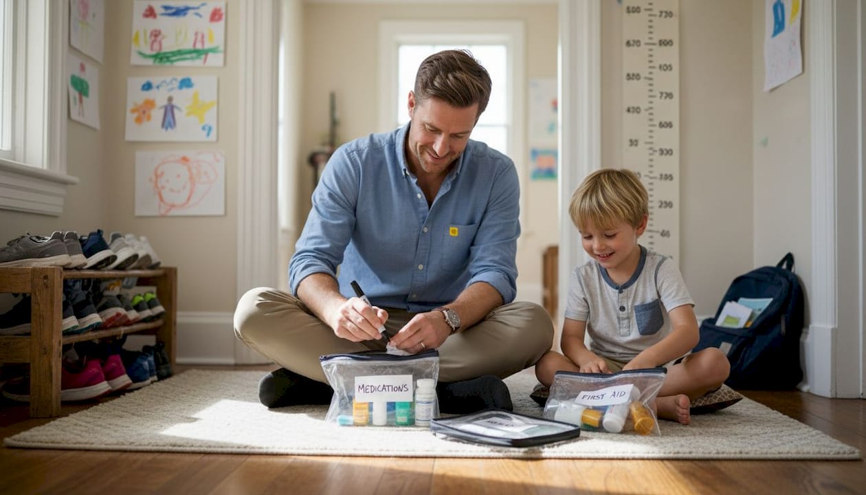 Parent and child organizing personalized emergency kit