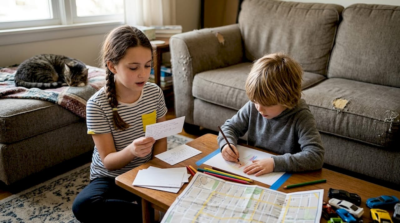 Children rehearsing family earthquake safety steps
