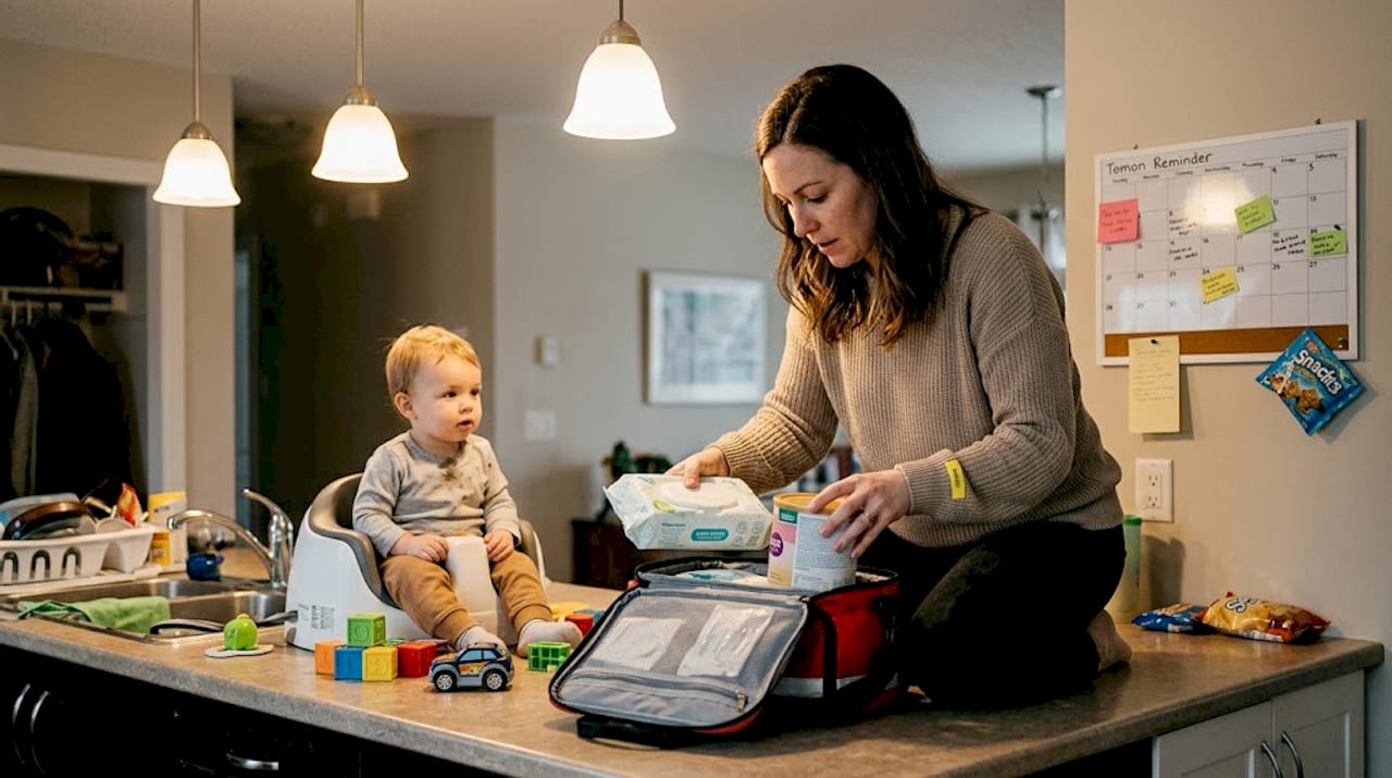 Parent adding baby items to emergency kit