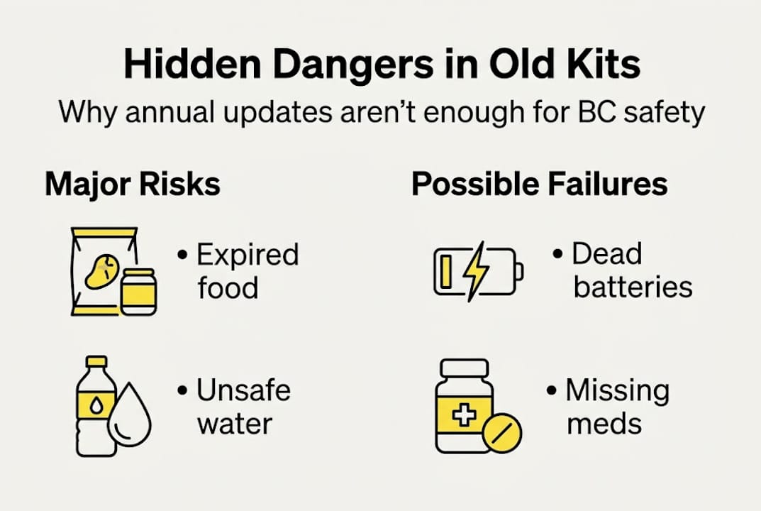 Infographic showing key risks in outdated emergency kits