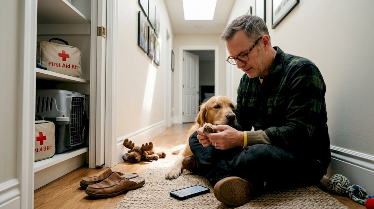 Owner calmly checking dog's paw after quake