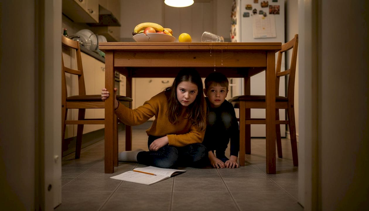 Children practising earthquake drill at home