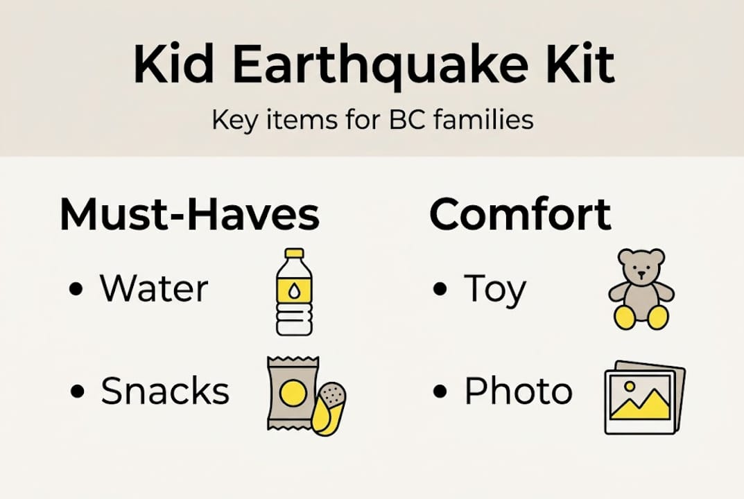 Infographic of earthquake kit essentials for kids