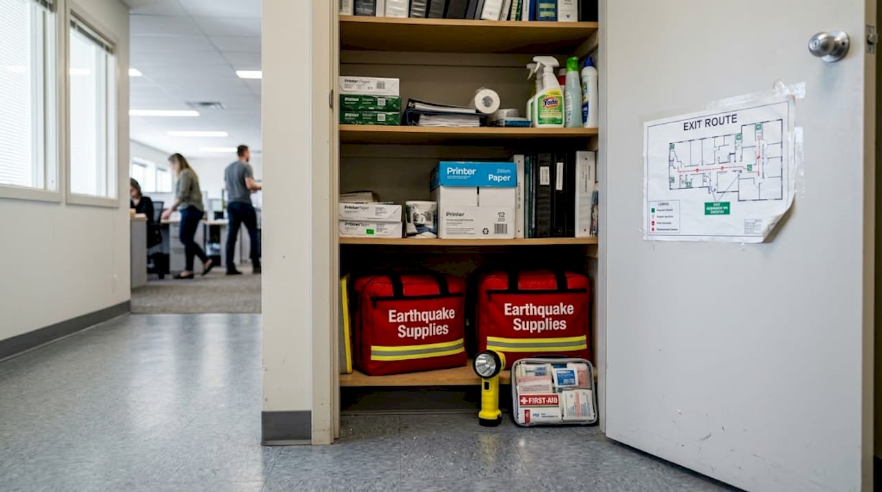 Emergency supplies organized in office storage closet