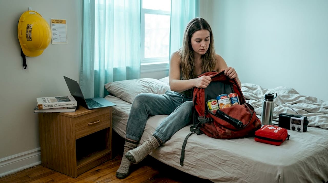 Renter packing portable earthquake kit backpack
