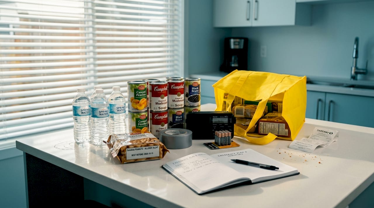 Emergency kit essentials on home kitchen table