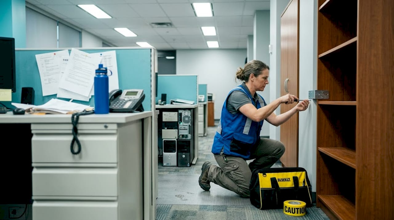 Supervisor anchoring bookcase in open office