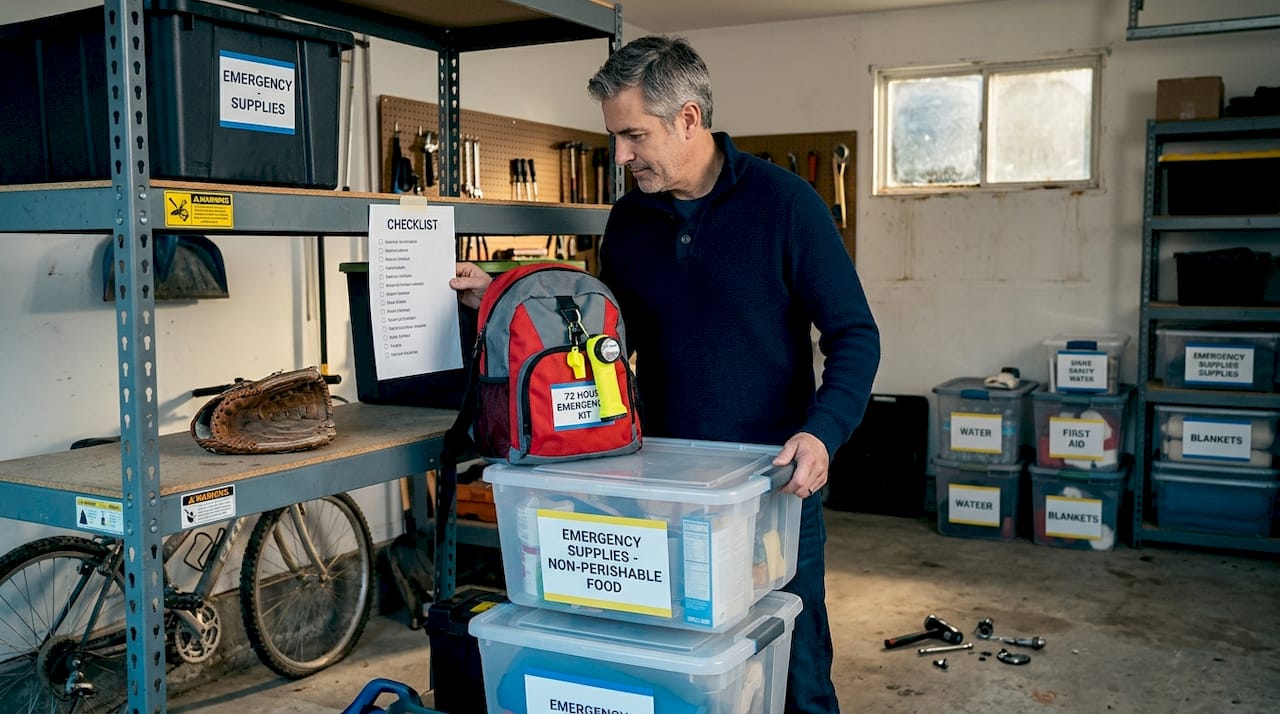 Man organizes labeled earthquake kit bins in garage